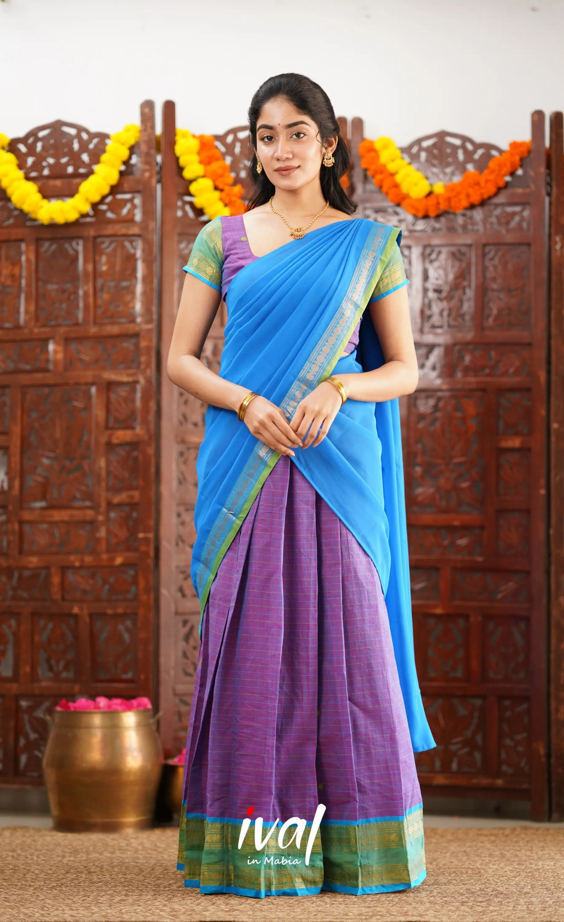 Padmaja Cotton Half Saree - Purple And Blue Sarees