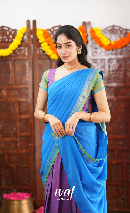 Padmaja Cotton Half Saree - Purple And Blue Sarees