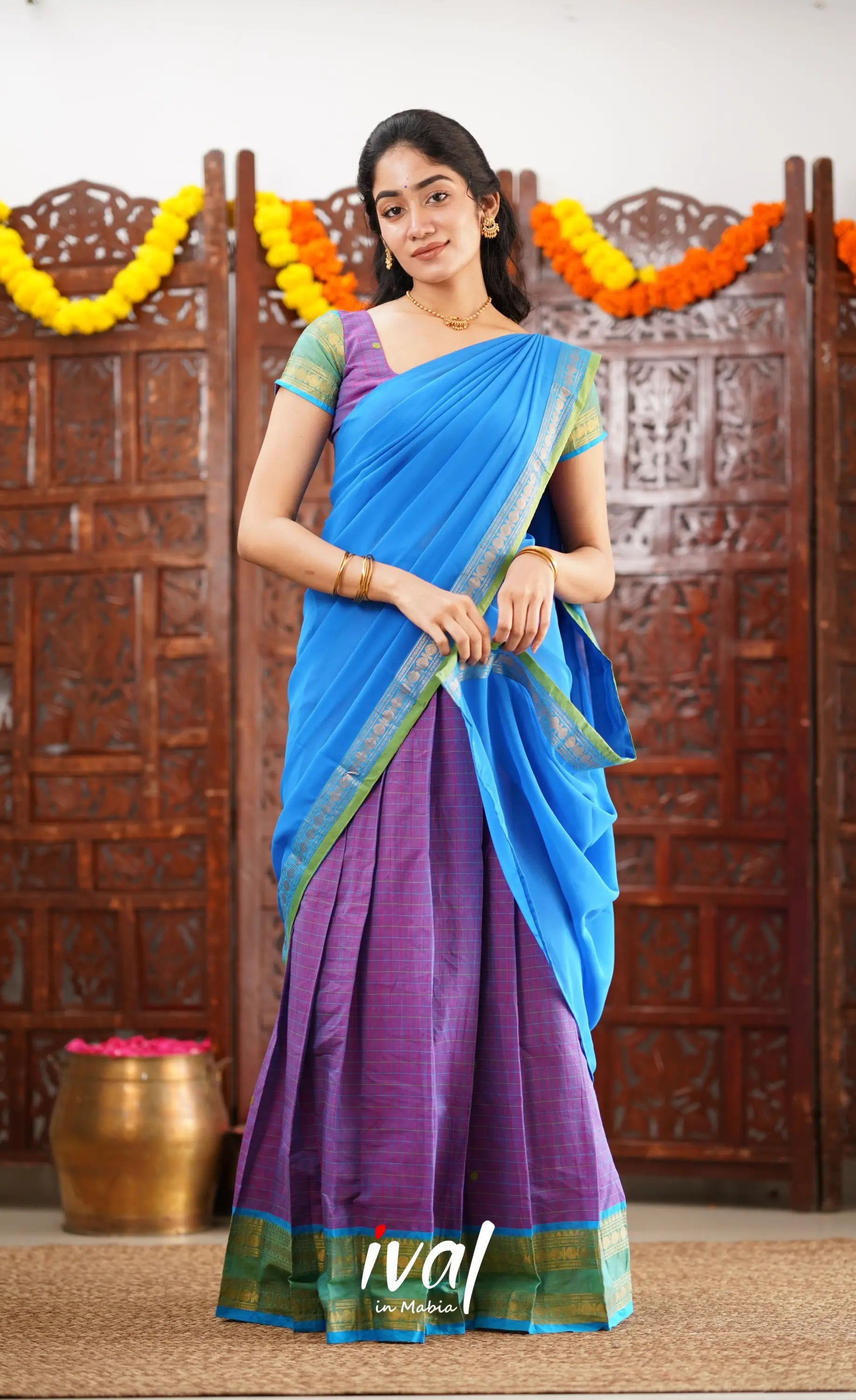 Padmaja Cotton Half Saree - Purple And Blue Sarees