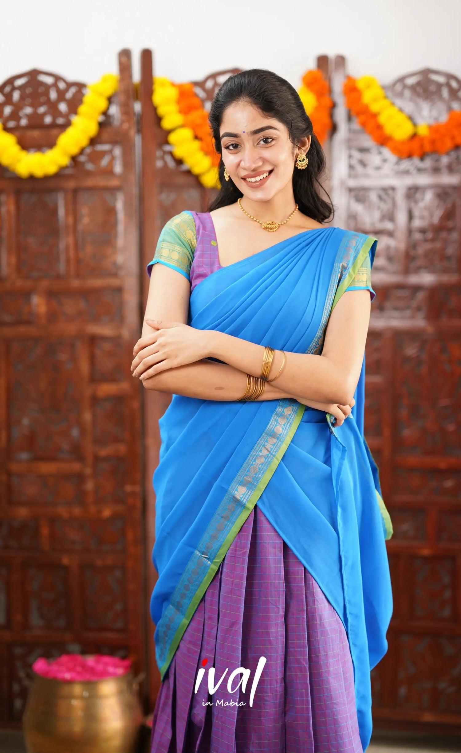 Padmaja Cotton Half Saree - Purple And Blue Sarees