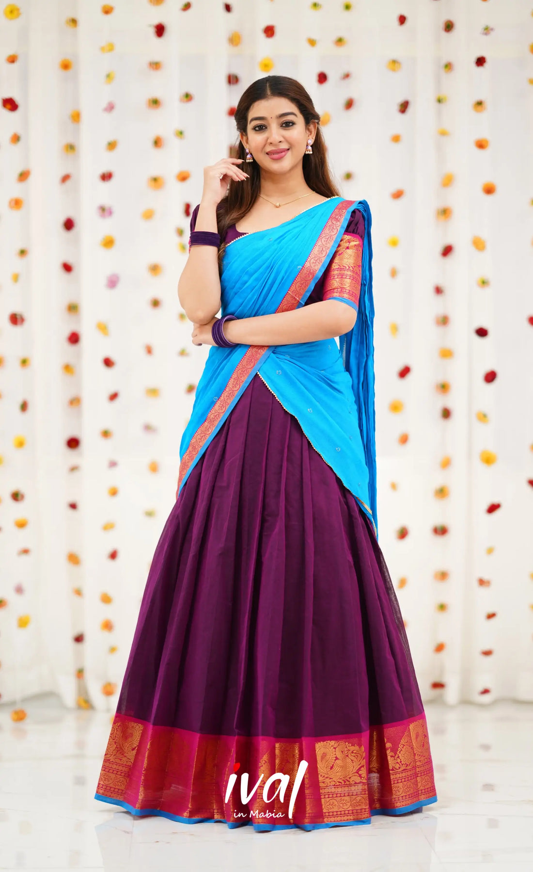 Padmaja Cotton Half Saree - Purple and Sky Blue Half Sarees