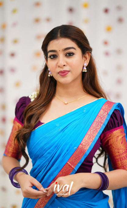 Padmaja Cotton Half Saree - Purple and Sky Blue Half Sarees
