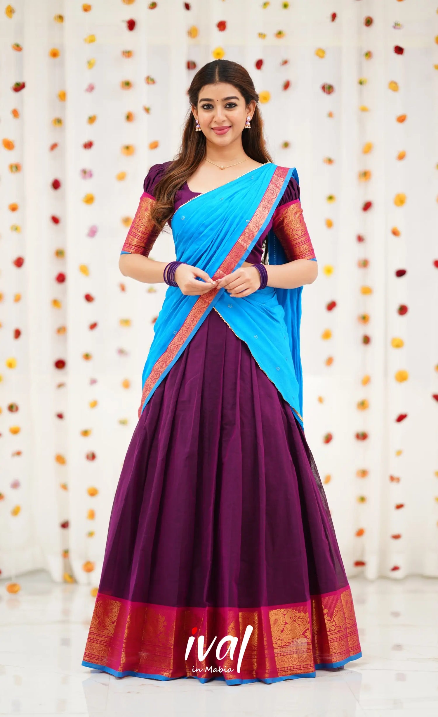 Padmaja Cotton Half Saree - Purple and Sky Blue Half Sarees