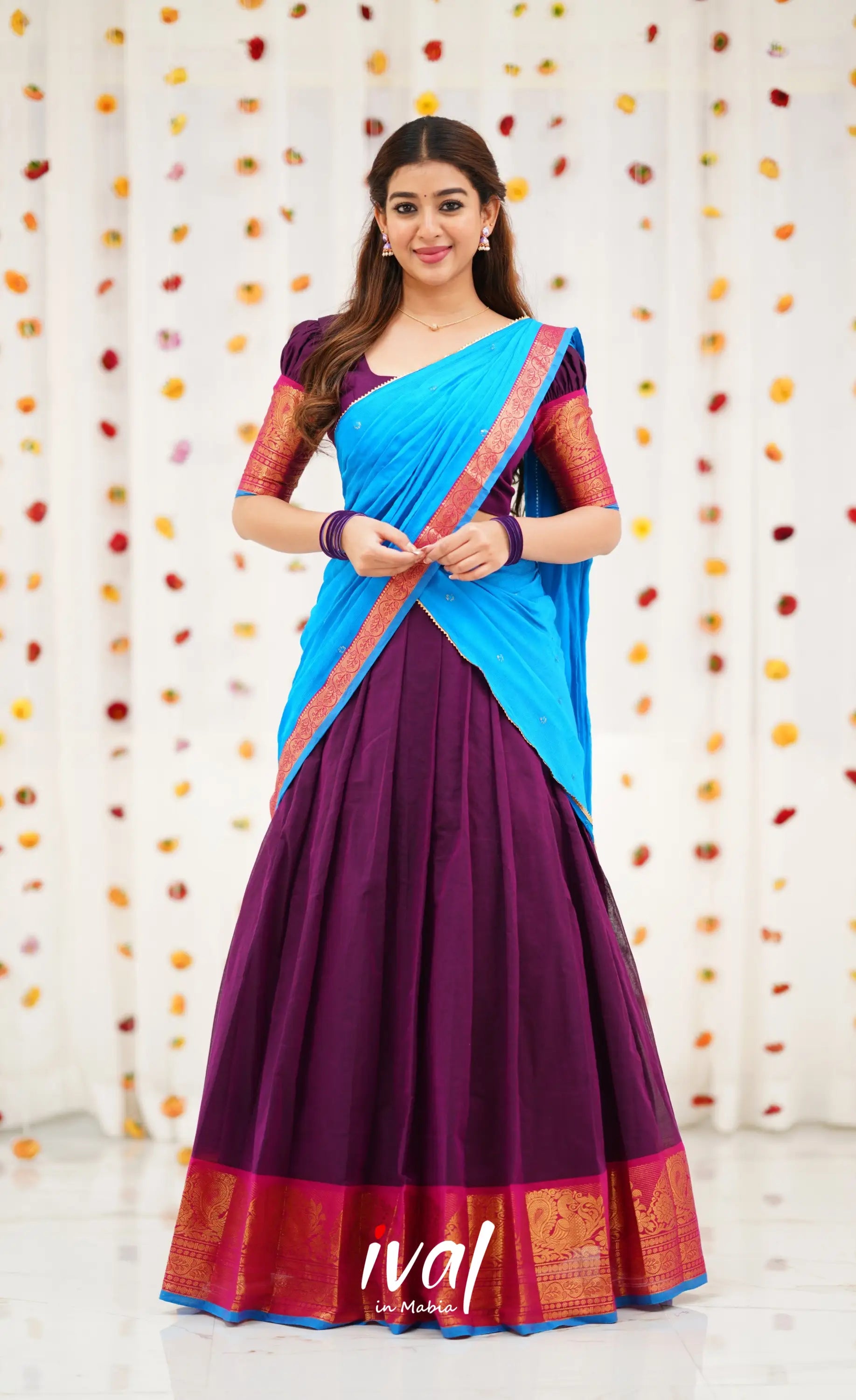 Padmaja Cotton Half Saree - Purple and Sky Blue Half Sarees