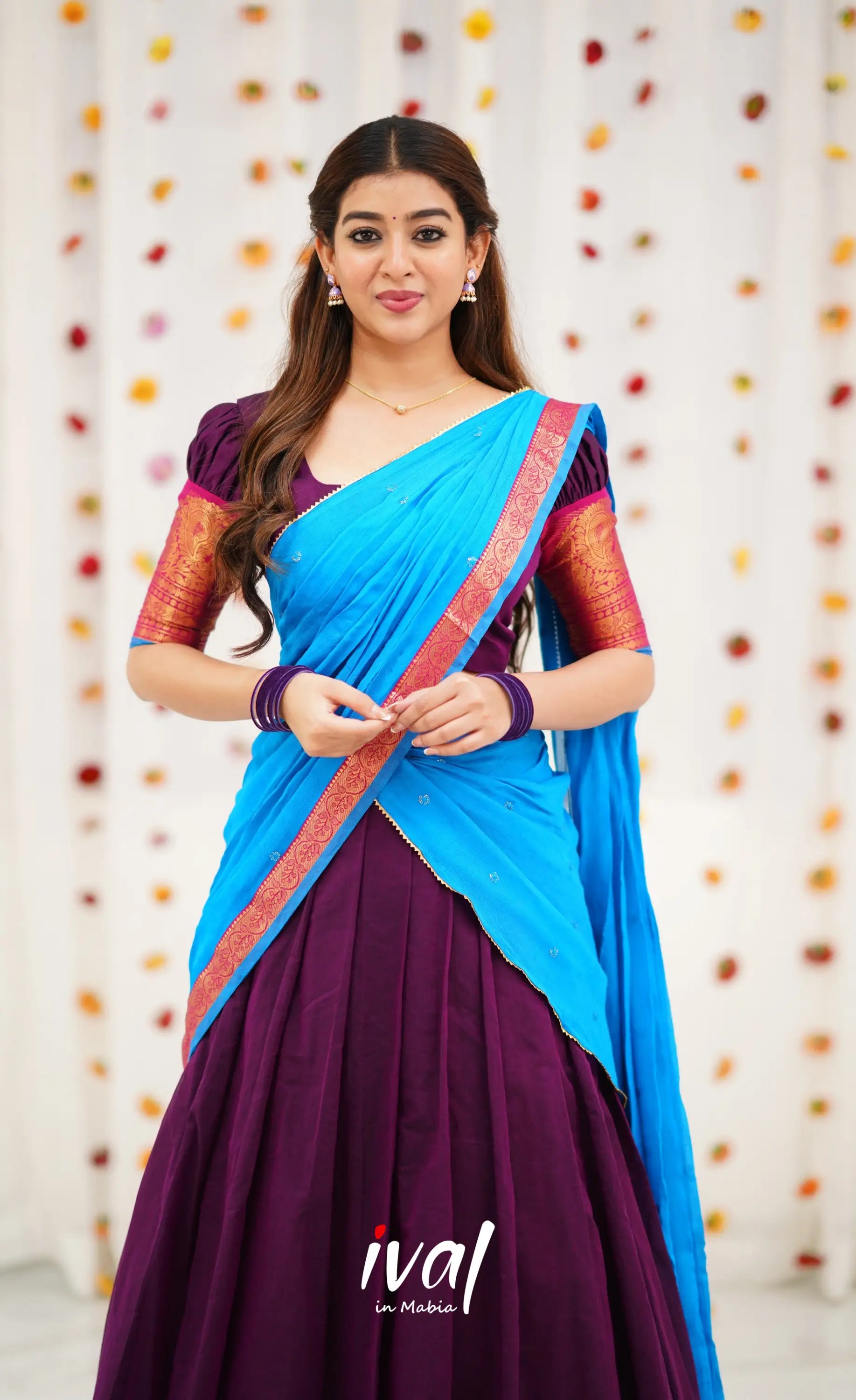 Padmaja Cotton Half Saree - Purple and Sky Blue Half Sarees
