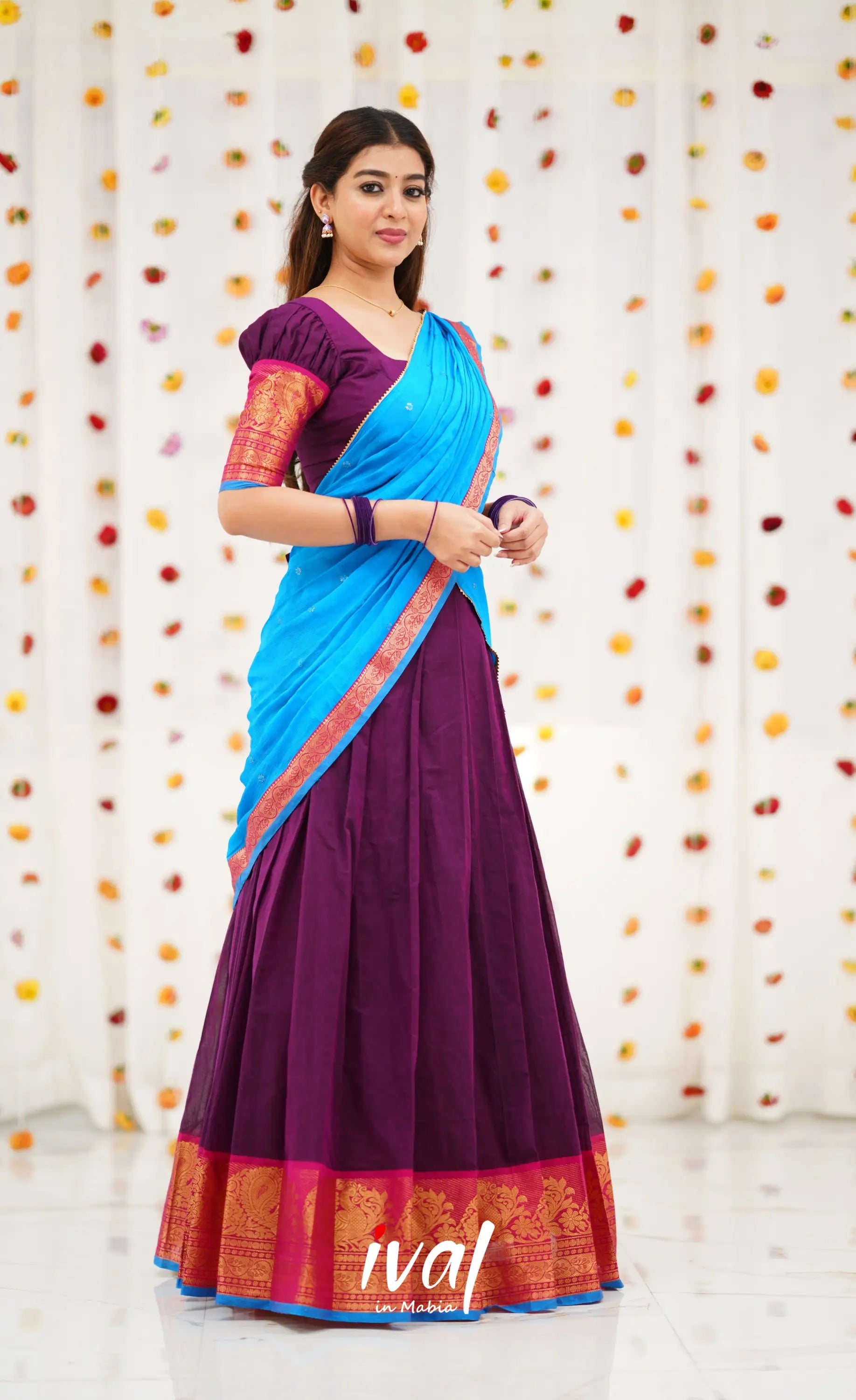 Padmaja Cotton Half Saree - Purple and Sky Blue Half Sarees