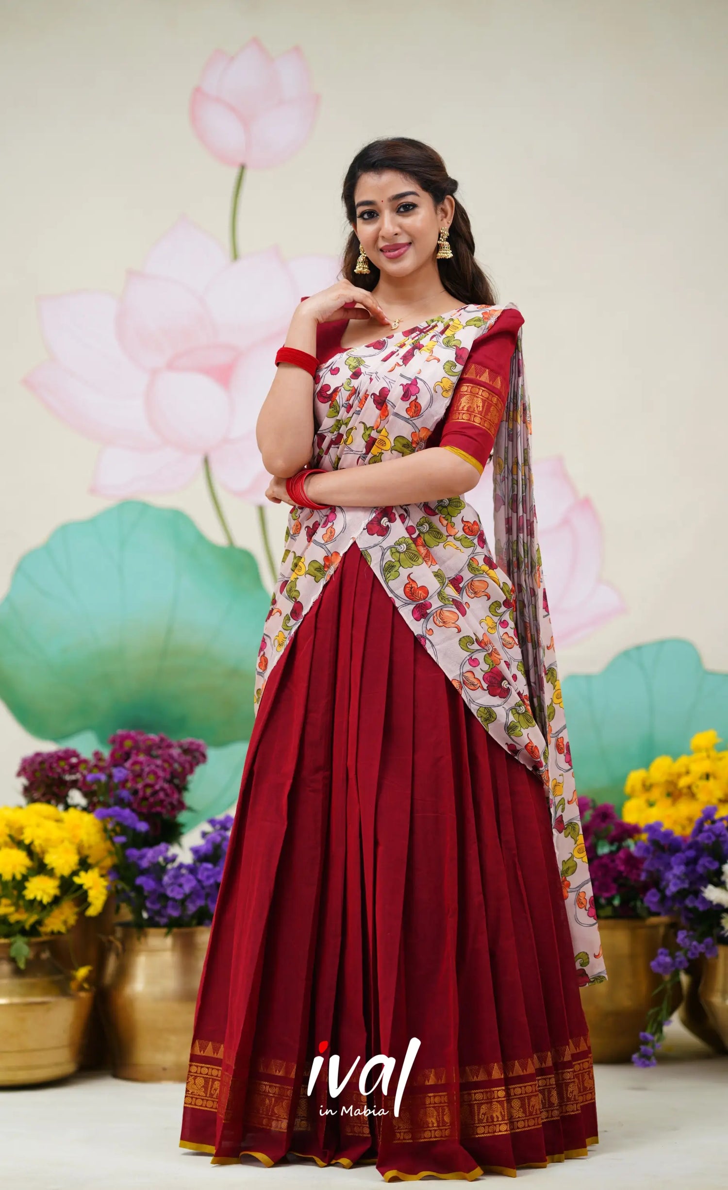 Padmaja Cotton Half Saree Red and Baby Pink Half Sarees