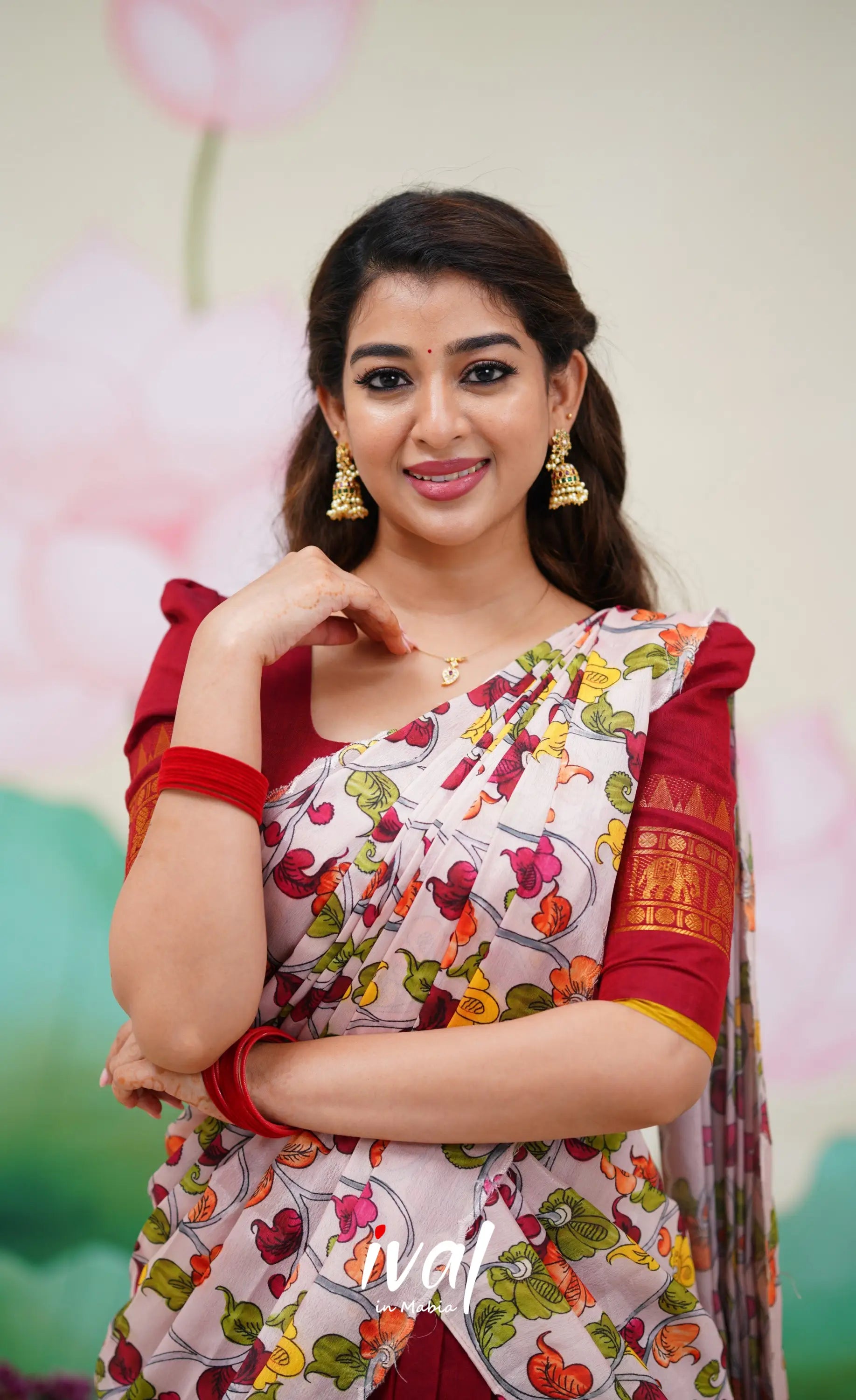 Padmaja Cotton Half Saree Red and Baby Pink Half Sarees