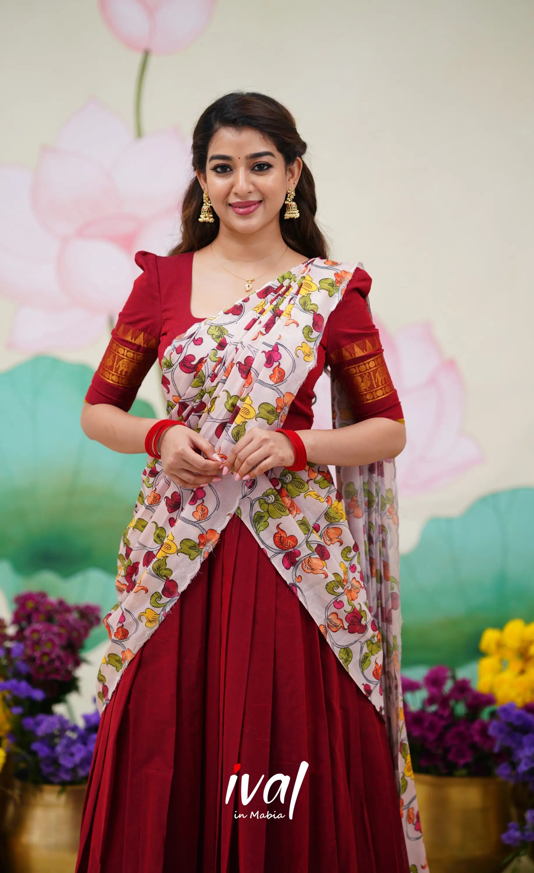 Padmaja Cotton Half Saree Red and Baby Pink Half Sarees