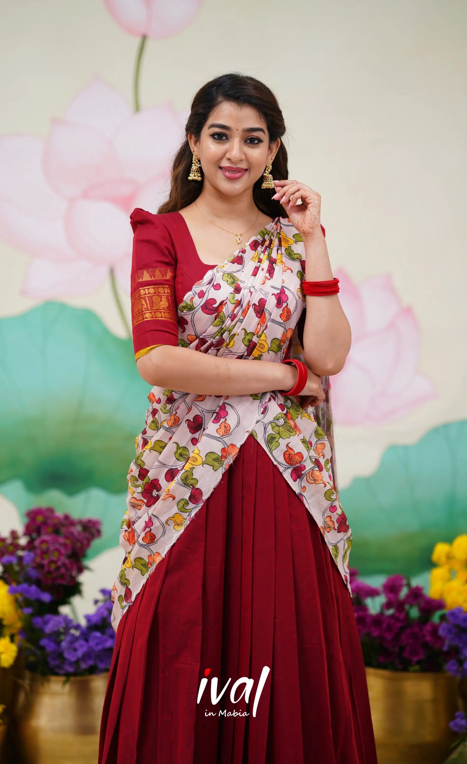 Padmaja Cotton Half Saree Red and Baby Pink Half Sarees