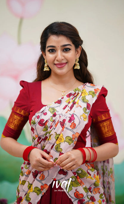 Padmaja Cotton Half Saree Red and Baby Pink Half Sarees