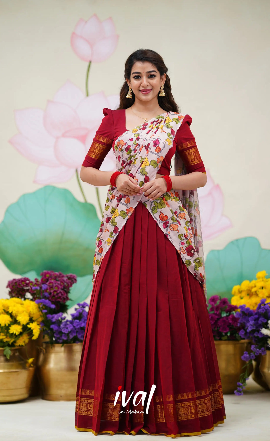 Padmaja Cotton Half Saree Red and Baby Pink Half Sarees