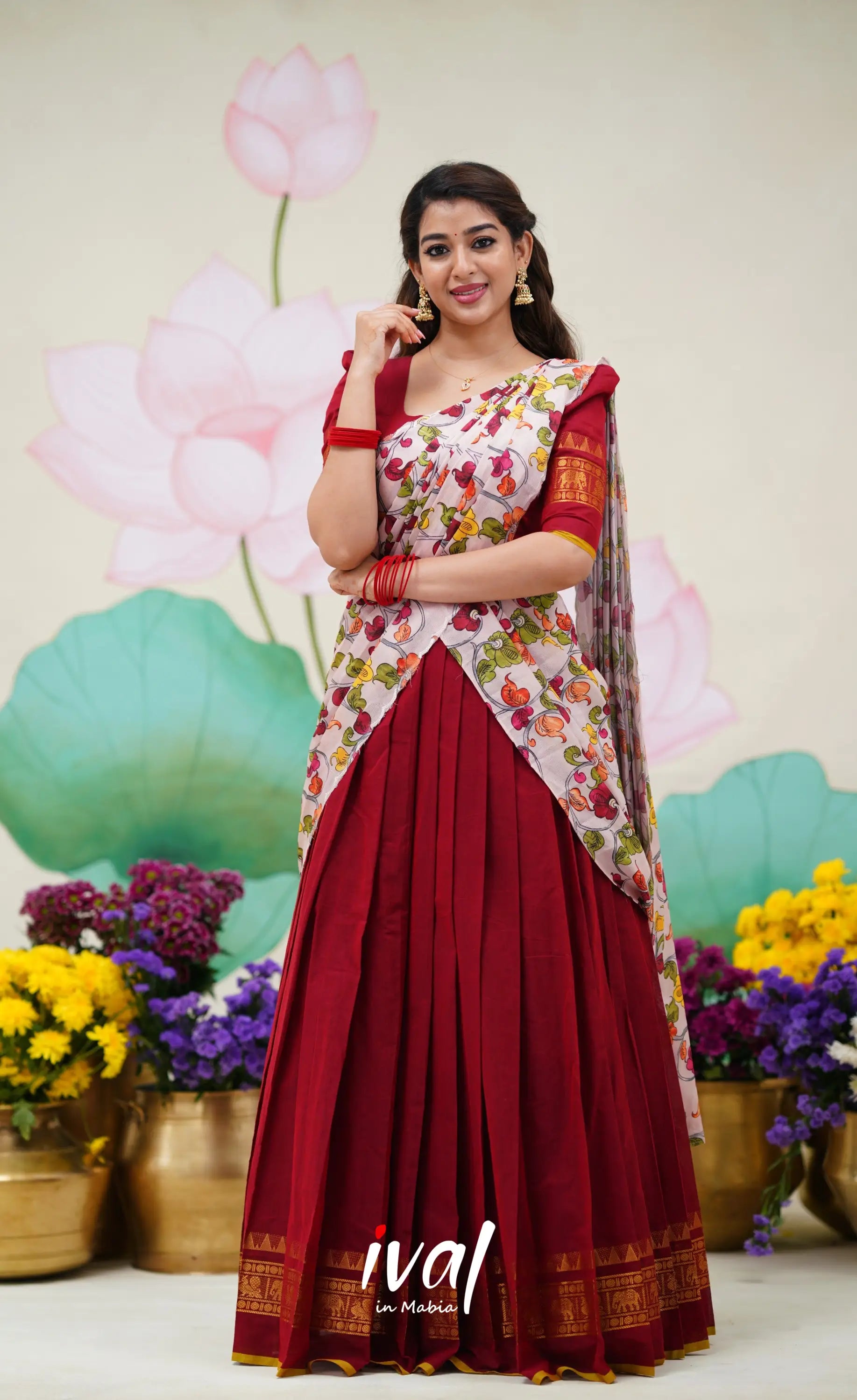 Padmaja Cotton Half Saree Red and Baby Pink Half Sarees