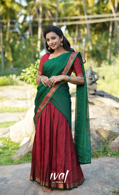 Padmaja Cotton Half Saree - Red And Dark Green Sarees