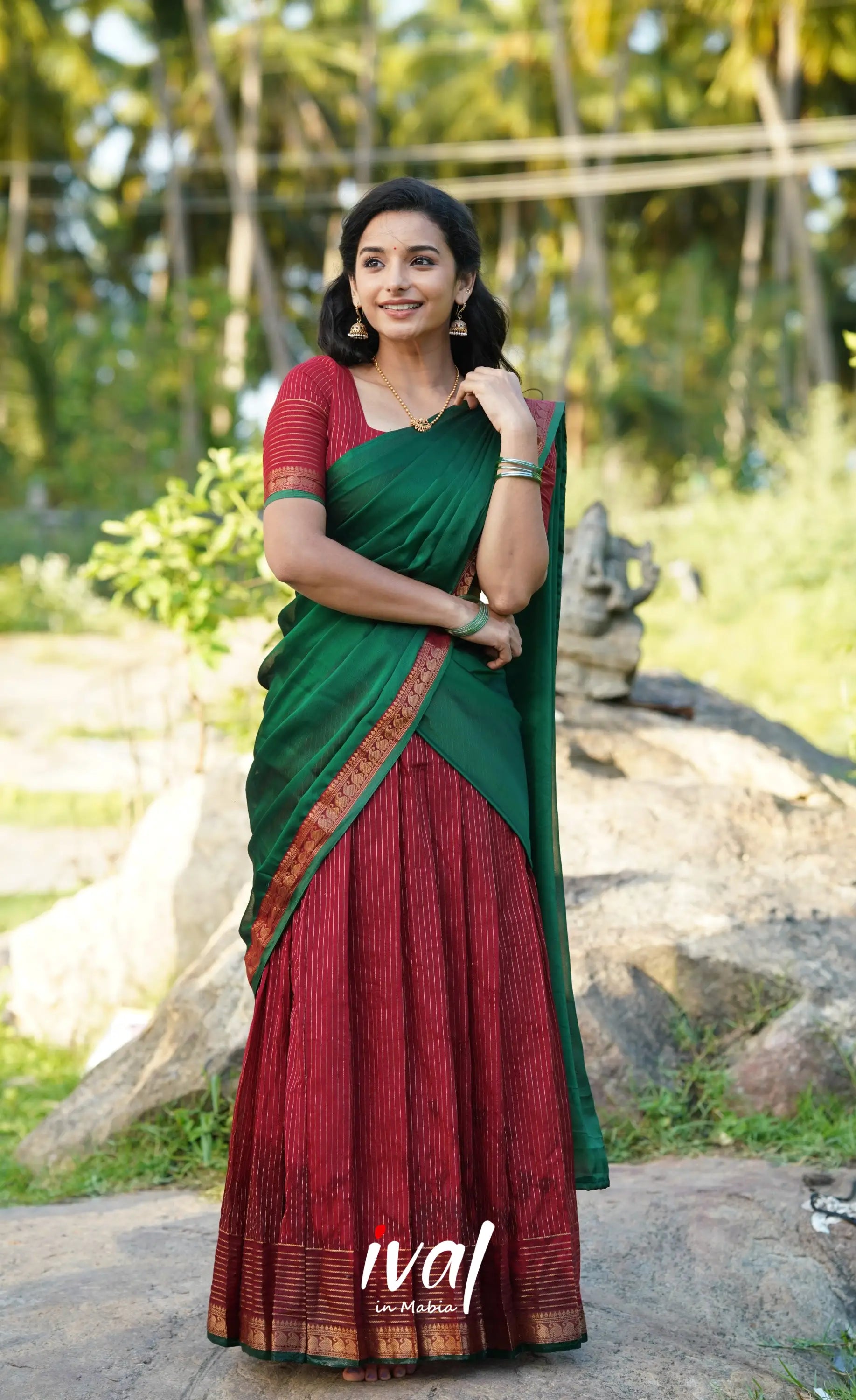 Padmaja Cotton Half Saree - Red And Dark Green Sarees