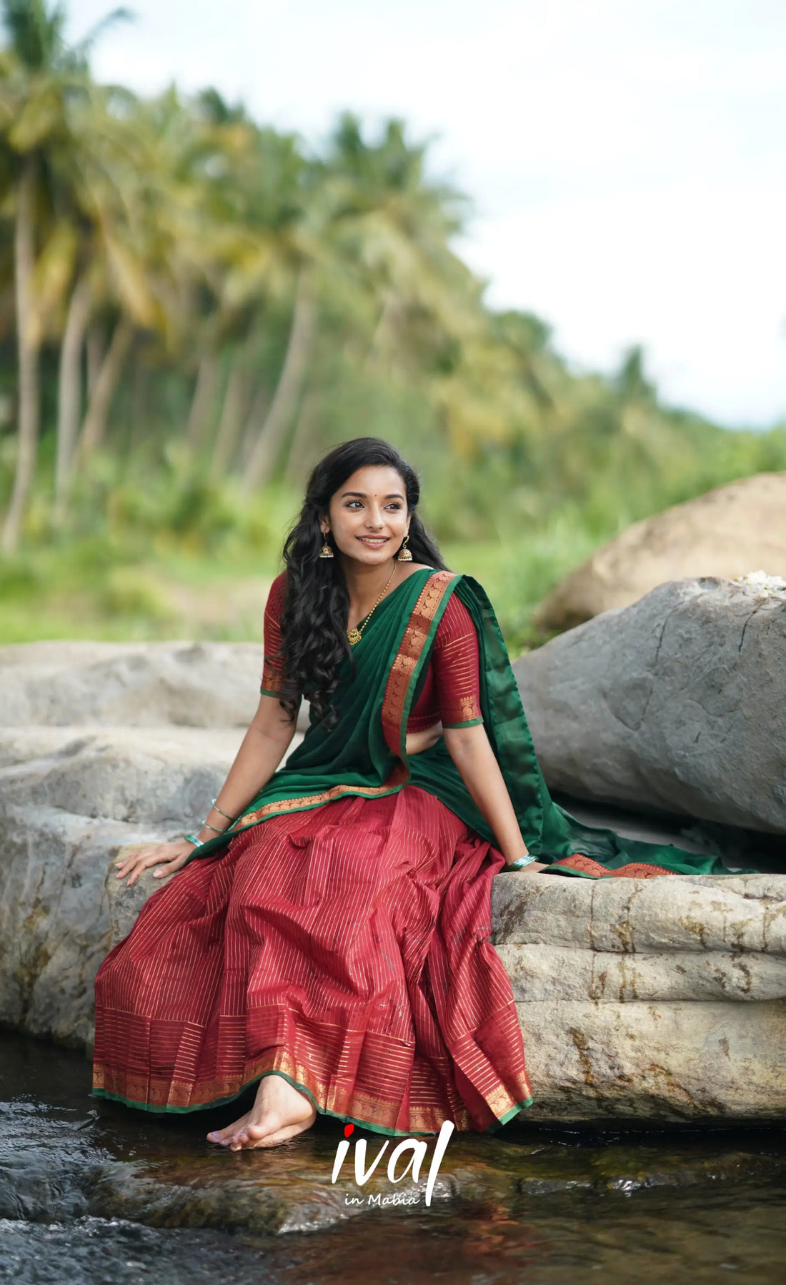 Padmaja Cotton Half Saree - Red And Dark Green Sarees