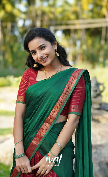 Padmaja Cotton Half Saree - Red And Dark Green Sarees