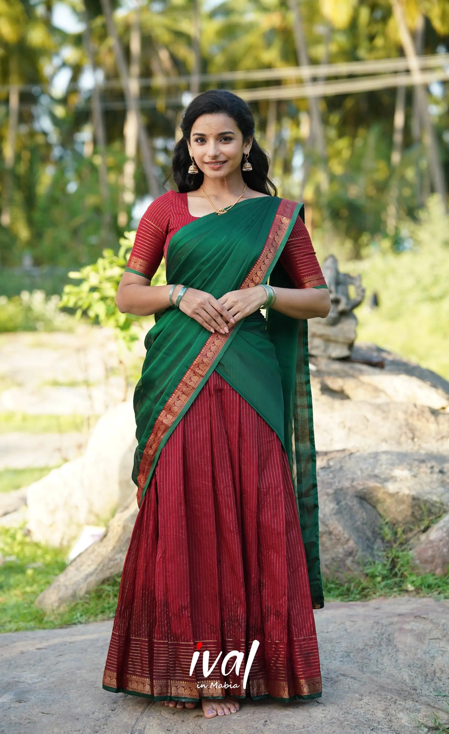 Padmaja Cotton Half Saree - Red And Dark Green Sarees