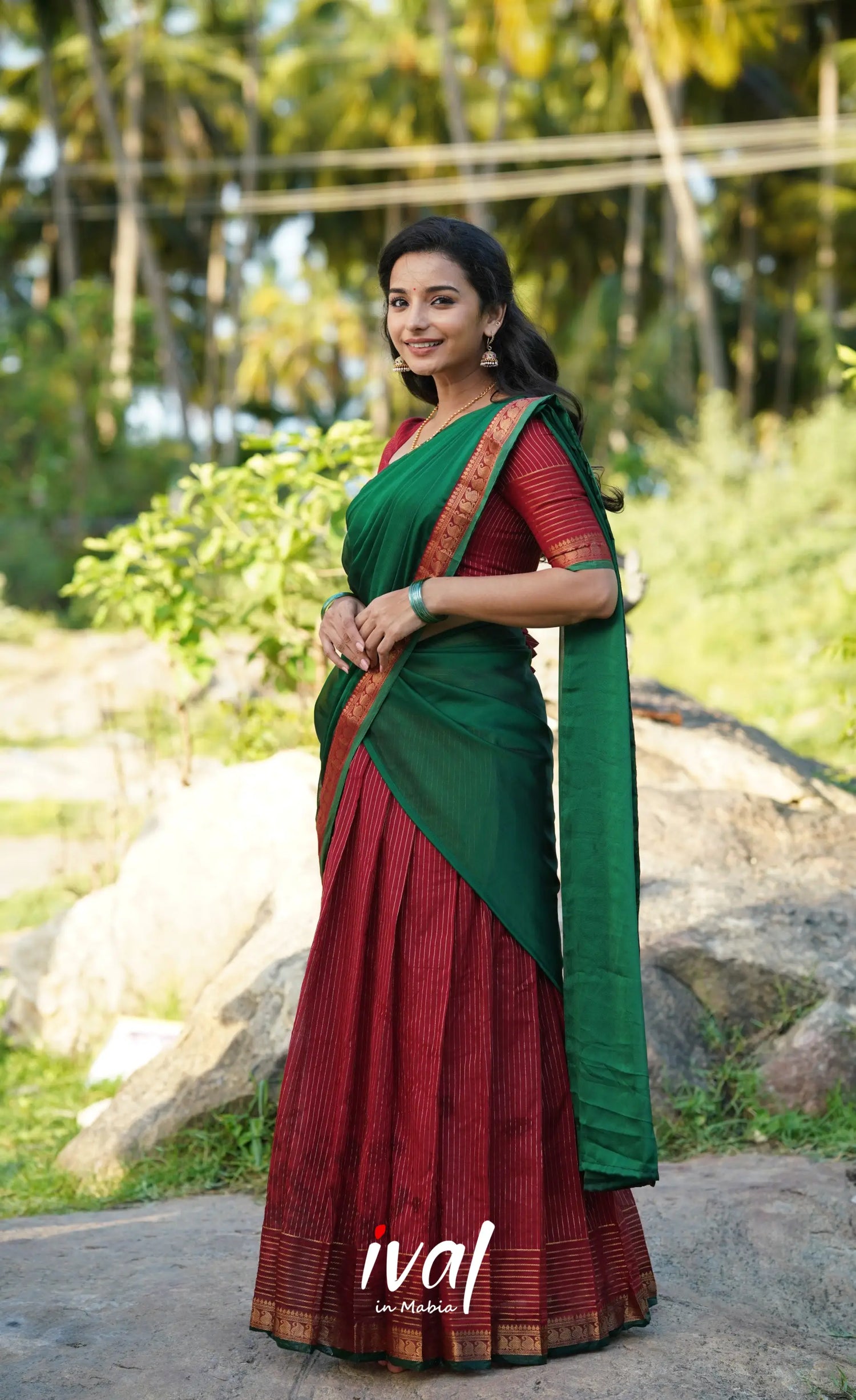 Padmaja Cotton Half Saree - Red And Dark Green Sarees