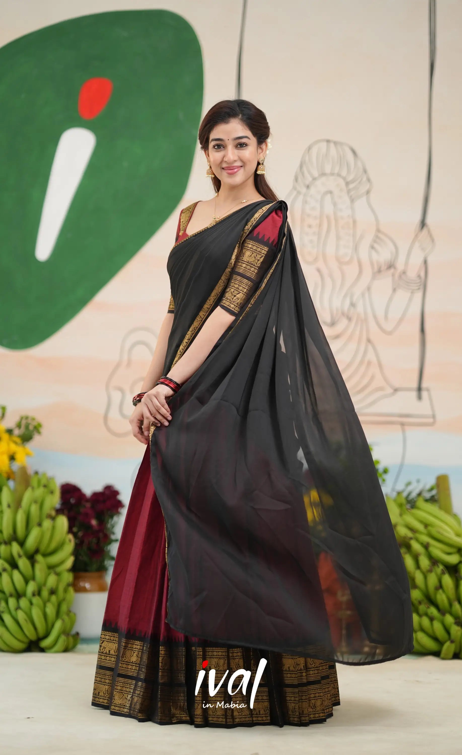 Padmaja Cotton Half Saree - Reddish maroon and Black - Half Sarees