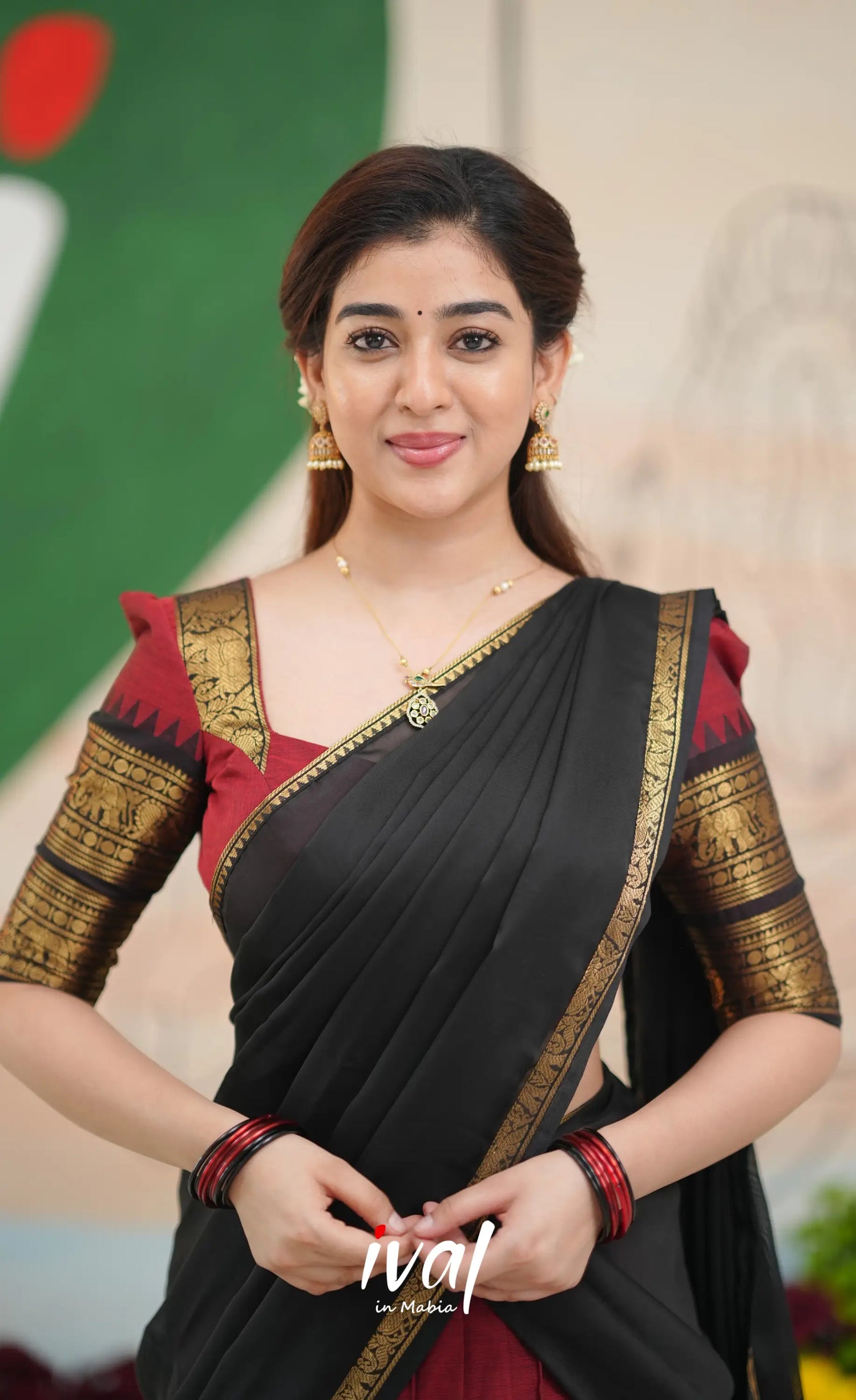 Padmaja Cotton Half Saree - Reddish maroon and Black - Half Sarees