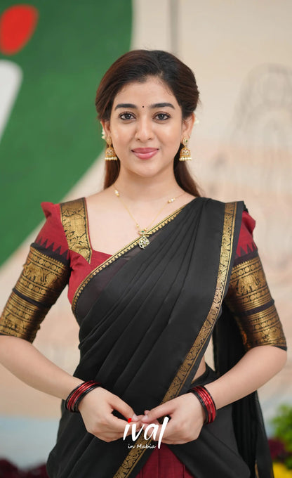 Padmaja Cotton Half Saree - Reddish maroon and Black - Half Sarees