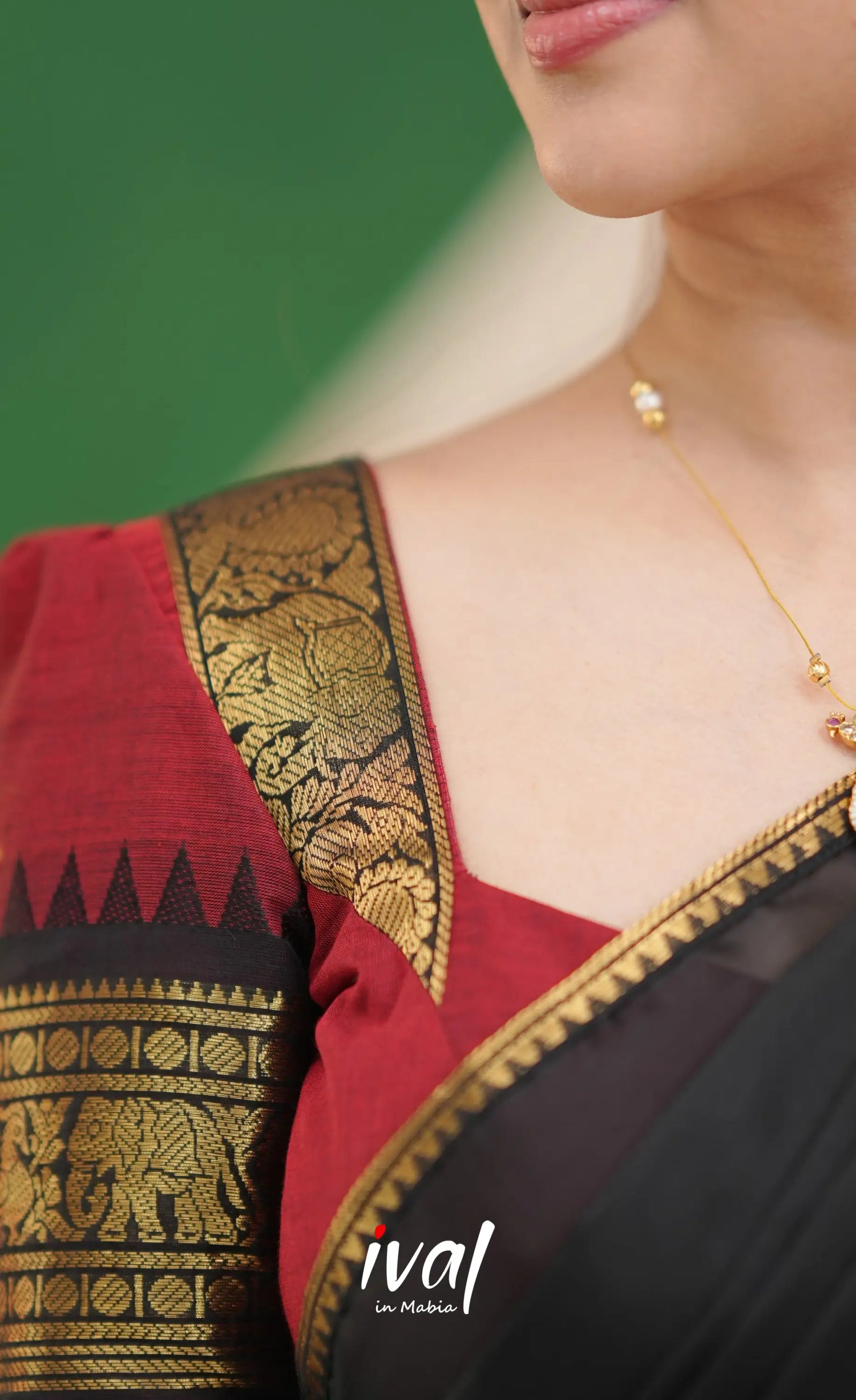 Padmaja Cotton Half Saree - Reddish maroon and Black - Half Sarees
