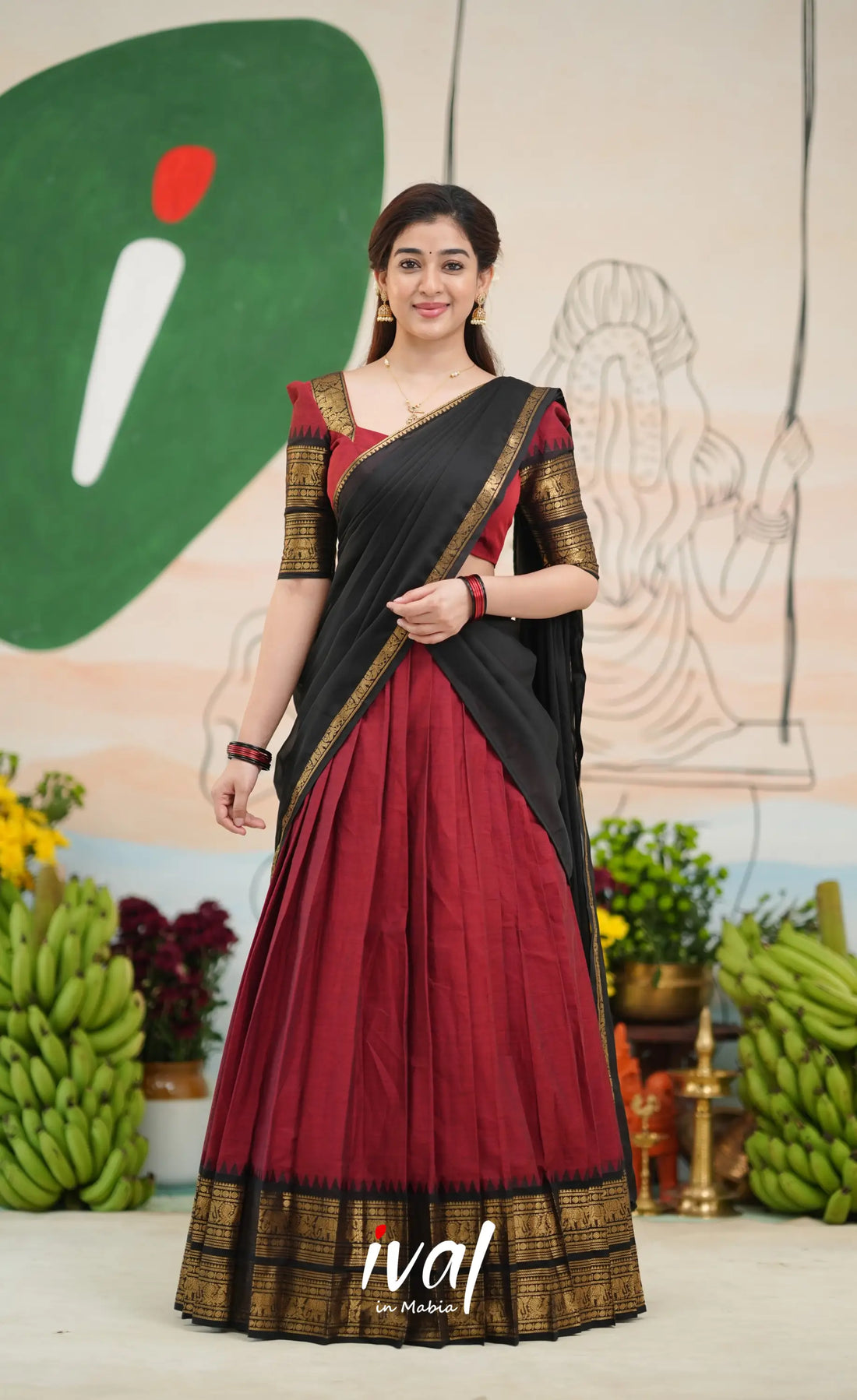 Padmaja Cotton Half Saree - Reddish maroon and Black - Half Sarees