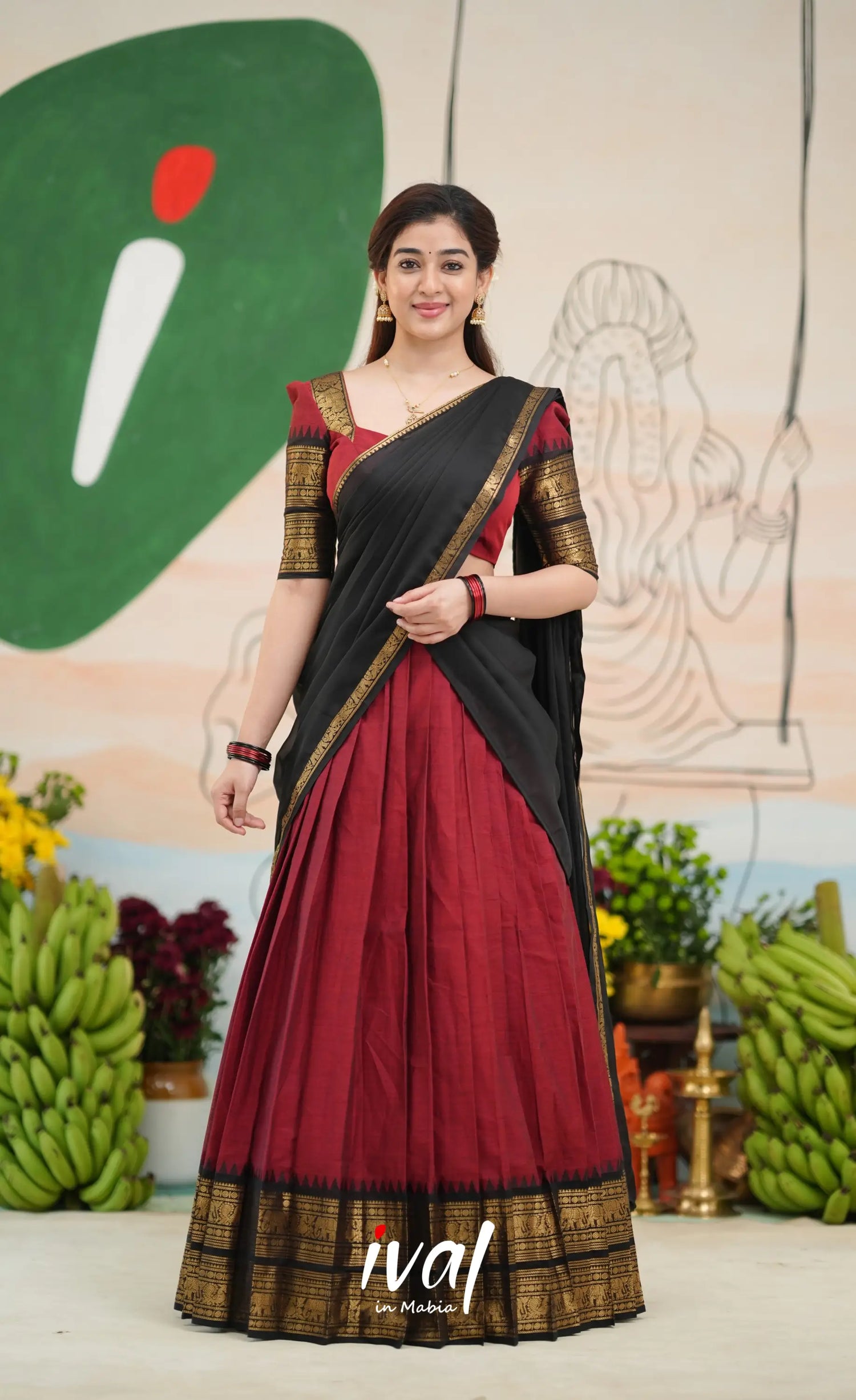 Padmaja Cotton Half Saree - Reddish maroon and Black - Half Sarees