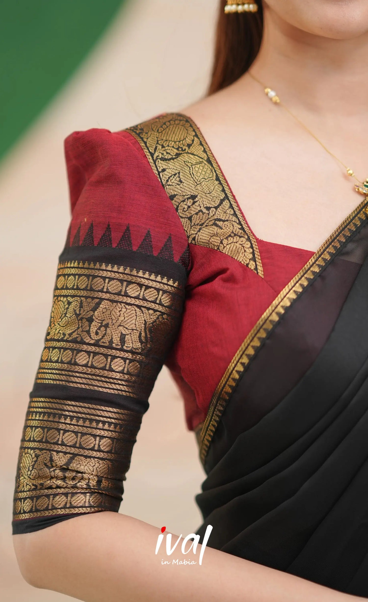 Padmaja Cotton Half Saree - Reddish maroon and Black - Half Sarees