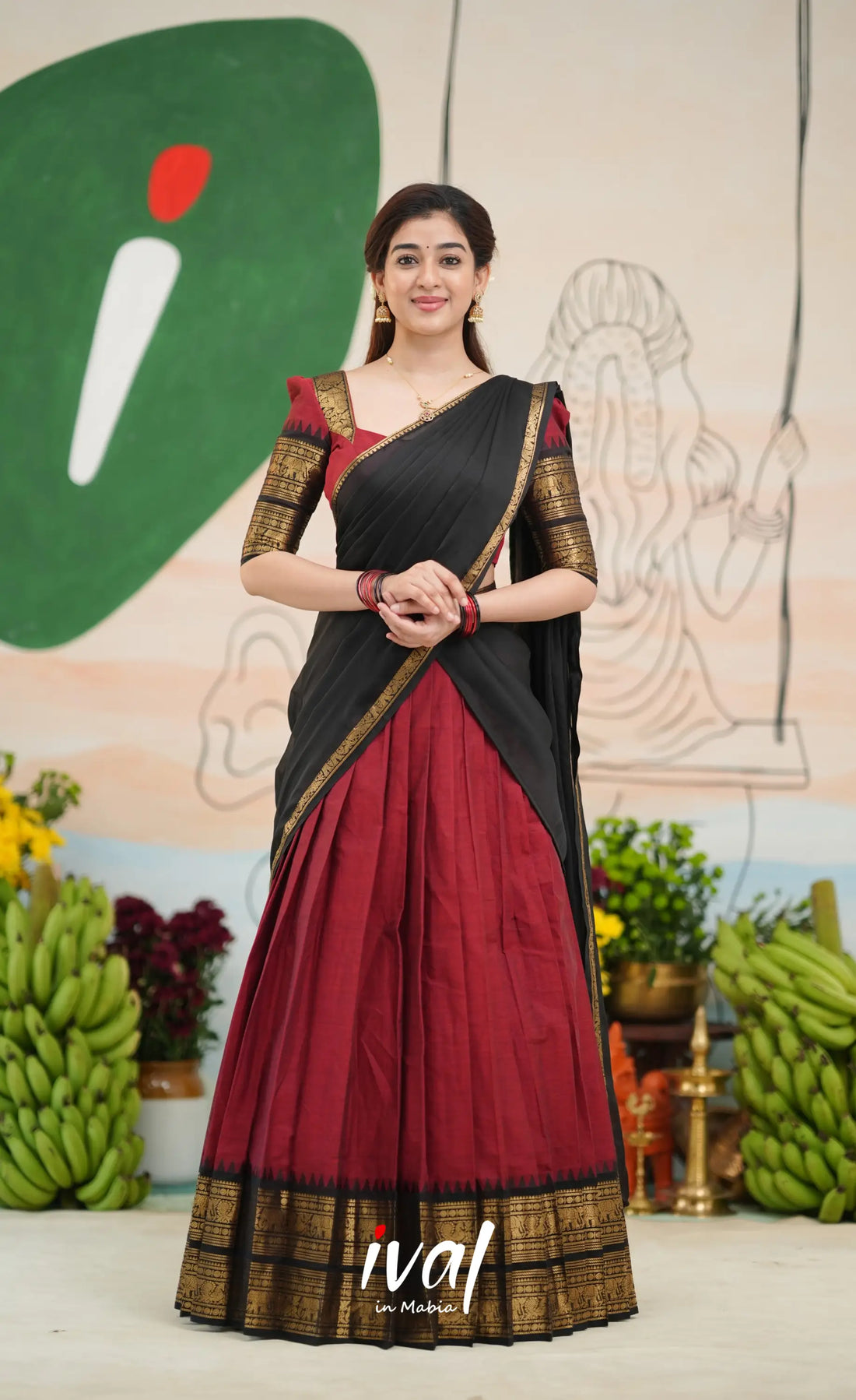 Padmaja Cotton Half Saree - Reddish maroon and Black - Half Sarees