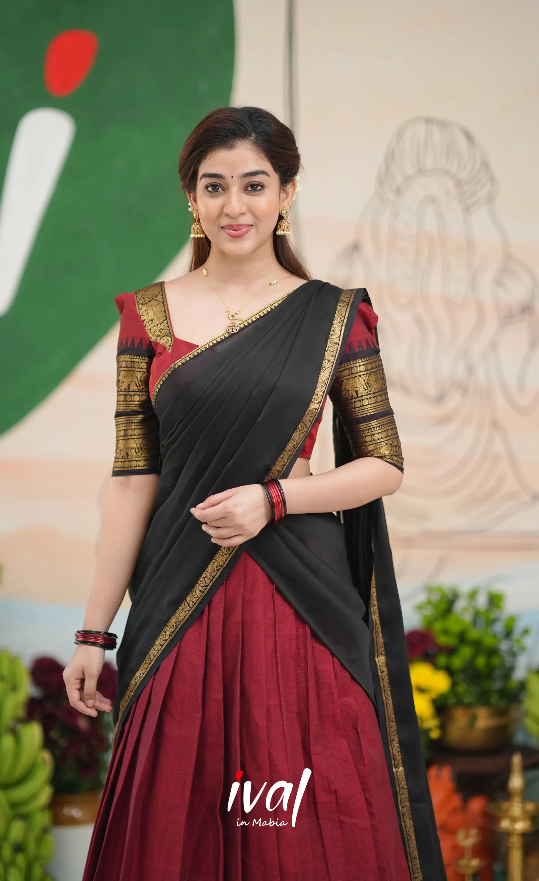 Padmaja Cotton Half Saree - Reddish maroon and Black - Half Sarees