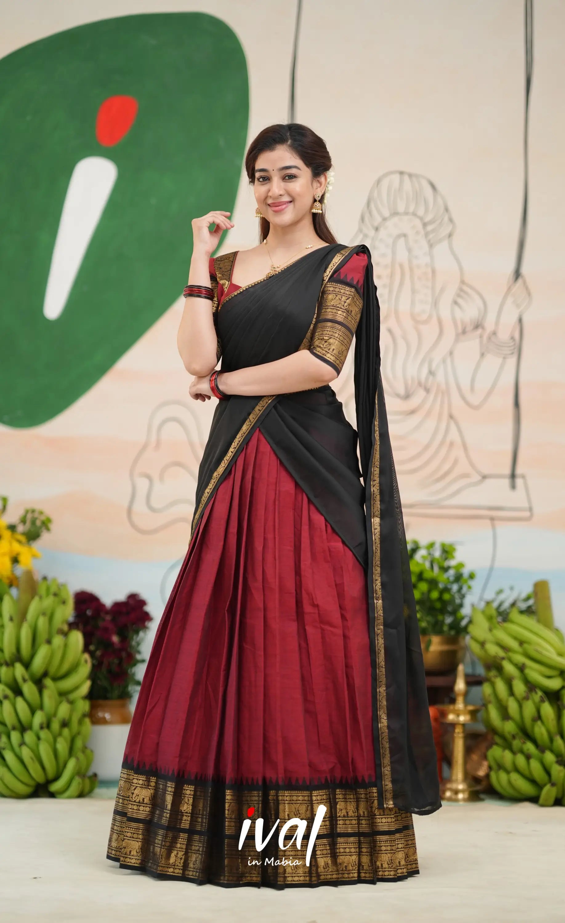 Padmaja Cotton Half Saree - Reddish maroon and Black - Half Sarees
