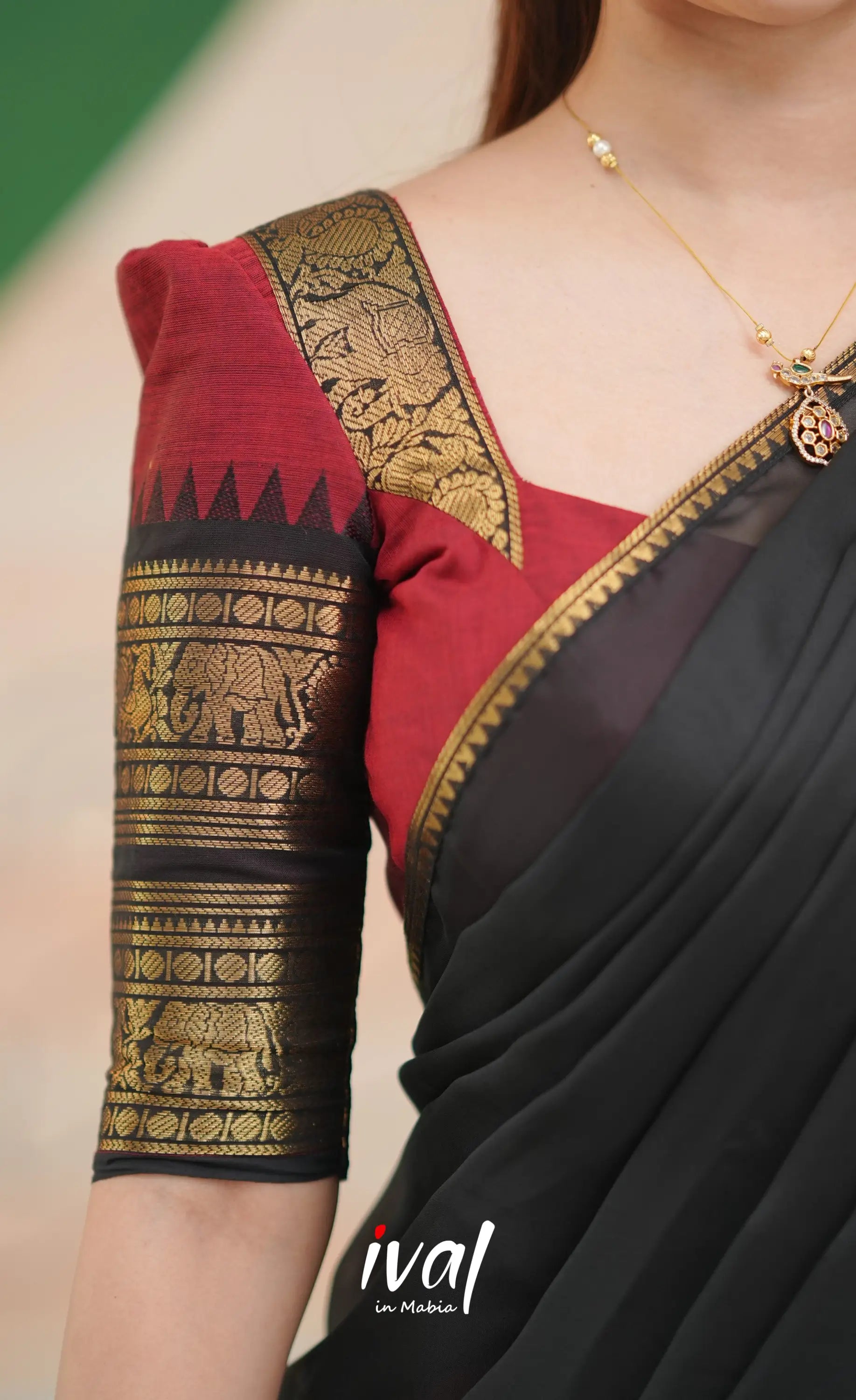 Padmaja Cotton Half Saree - Reddish maroon and Black - Half Sarees