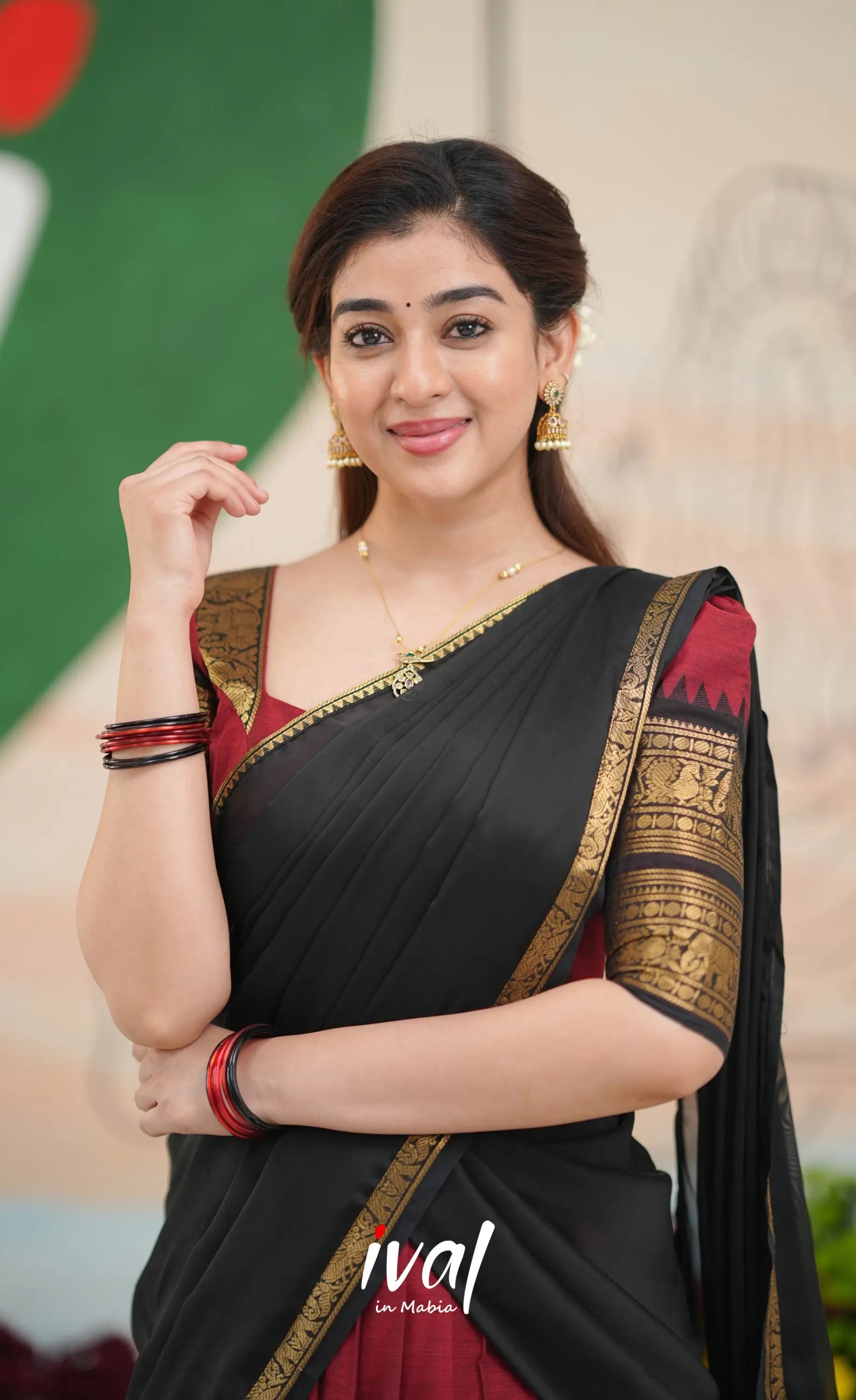 Padmaja Cotton Half Saree - Reddish maroon and Black - Half Sarees
