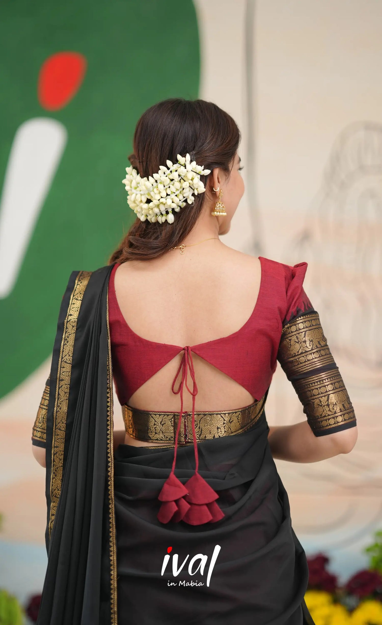 Padmaja Cotton Half Saree - Reddish maroon and Black - Half Sarees