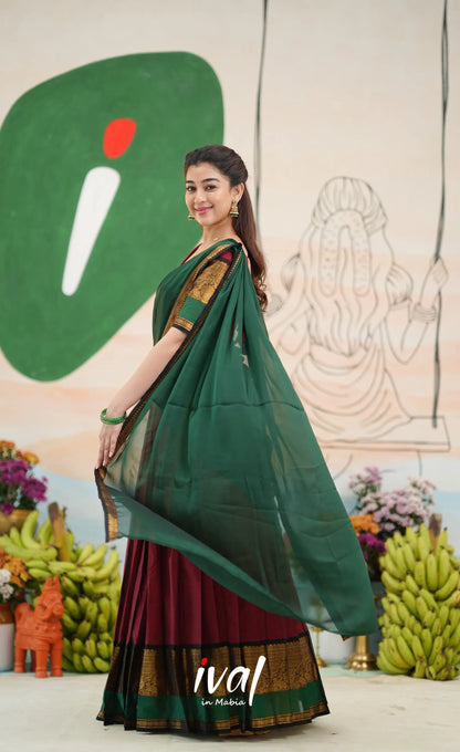 Padmaja Cotton Half Saree - Reddish maroon and Bottle green - Half Sarees