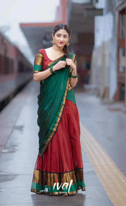 Padmaja Cotton Half Saree - Reddish maroon and Bottle green - Half Sarees