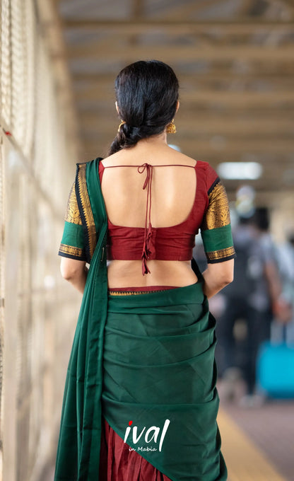Padmaja Cotton Half Saree - Reddish maroon and Bottle green - Half Sarees