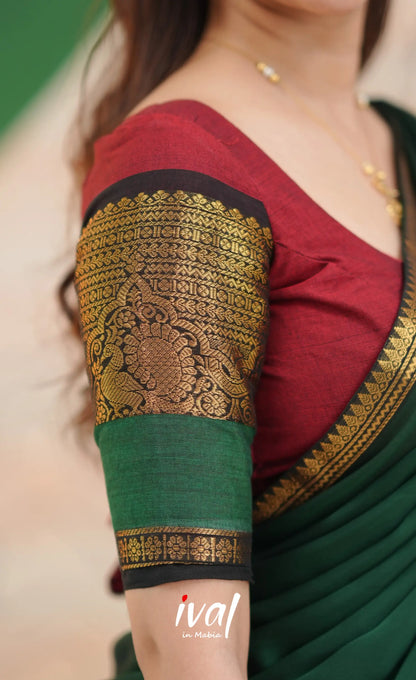 Padmaja Cotton Half Saree - Reddish maroon and Bottle green - Half Sarees