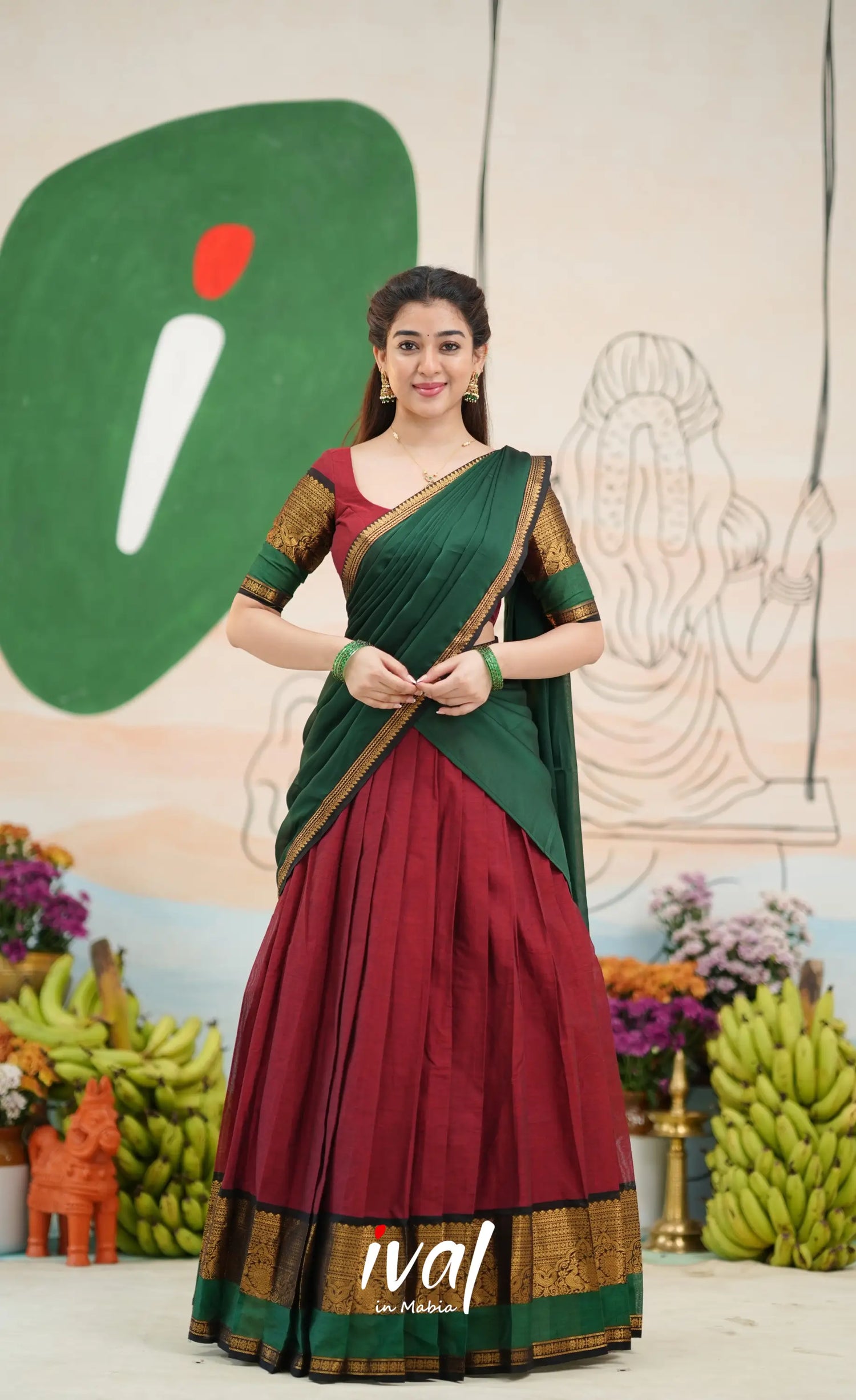 Padmaja Cotton Half Saree - Reddish maroon and Bottle green - Half Sarees