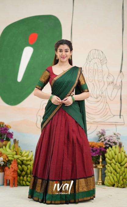 Padmaja Cotton Half Saree - Reddish maroon and Bottle green - Half Sarees