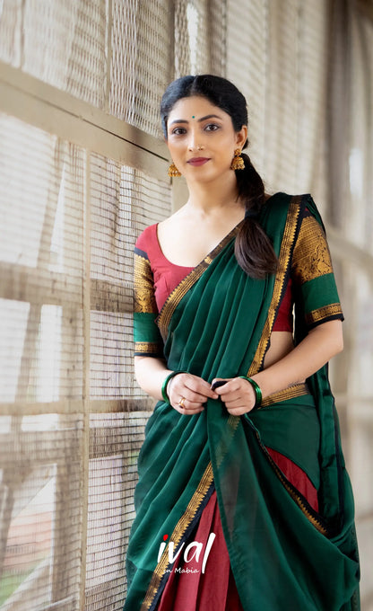 Padmaja Cotton Half Saree - Reddish maroon and Bottle green - Half Sarees