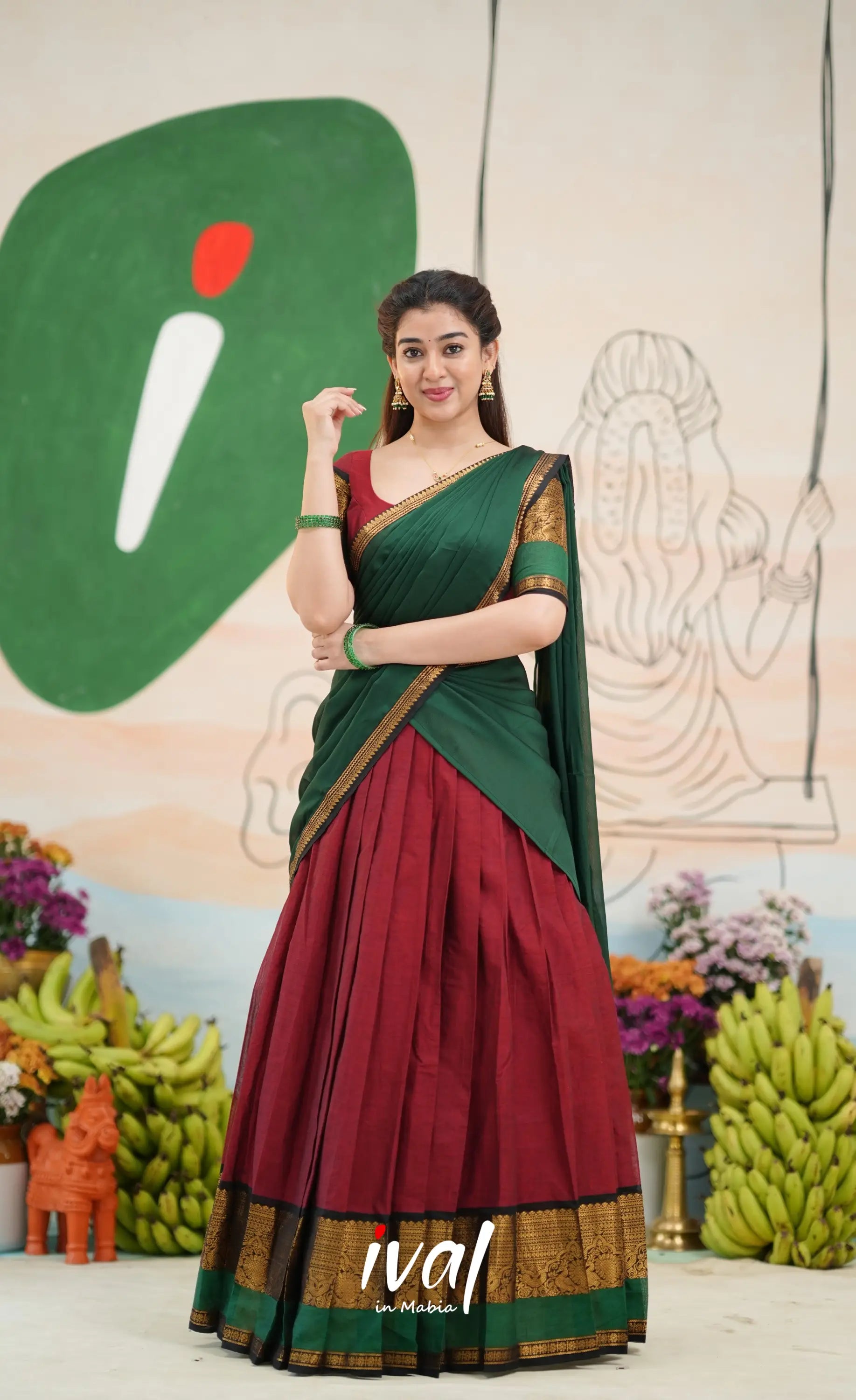 Padmaja Cotton Half Saree - Reddish maroon and Bottle green - Half Sarees