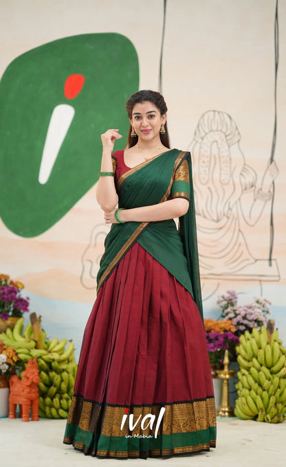 Padmaja Cotton Half Saree - Reddish maroon and Bottle green - Half Sarees