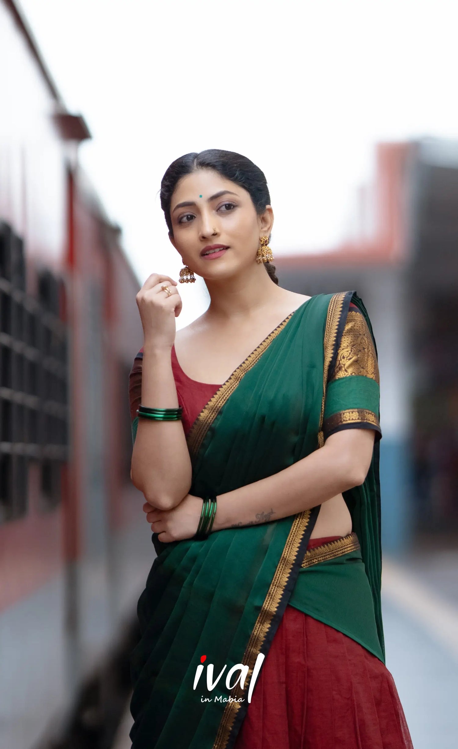Padmaja Cotton Half Saree - Reddish maroon and Bottle green - Half Sarees