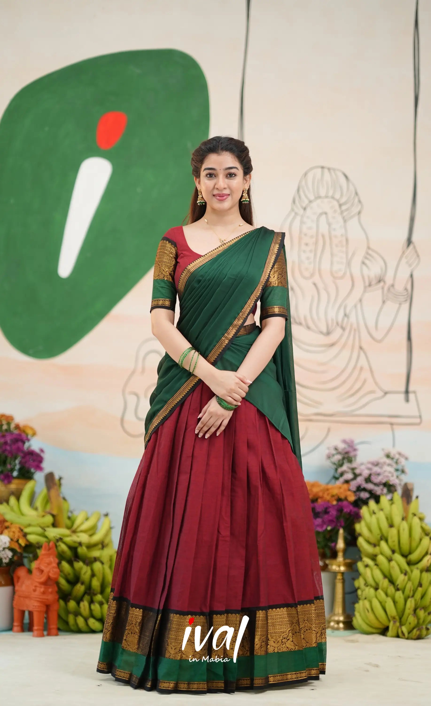 Padmaja Cotton Half Saree - Reddish maroon and Bottle green - Half Sarees