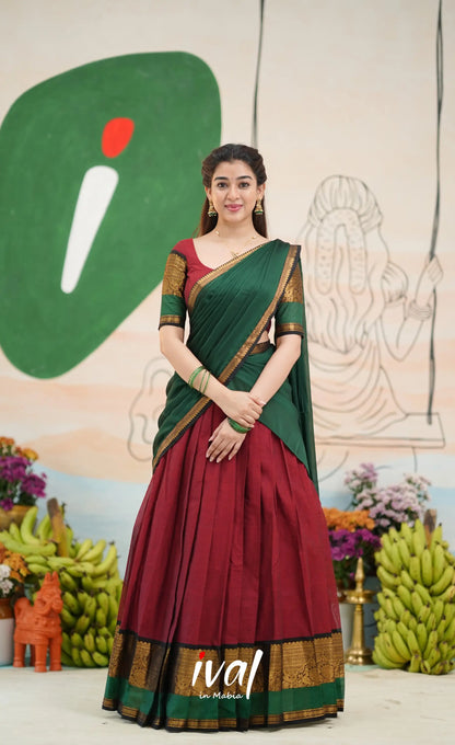 Padmaja Cotton Half Saree - Reddish maroon and Bottle green - Half Sarees