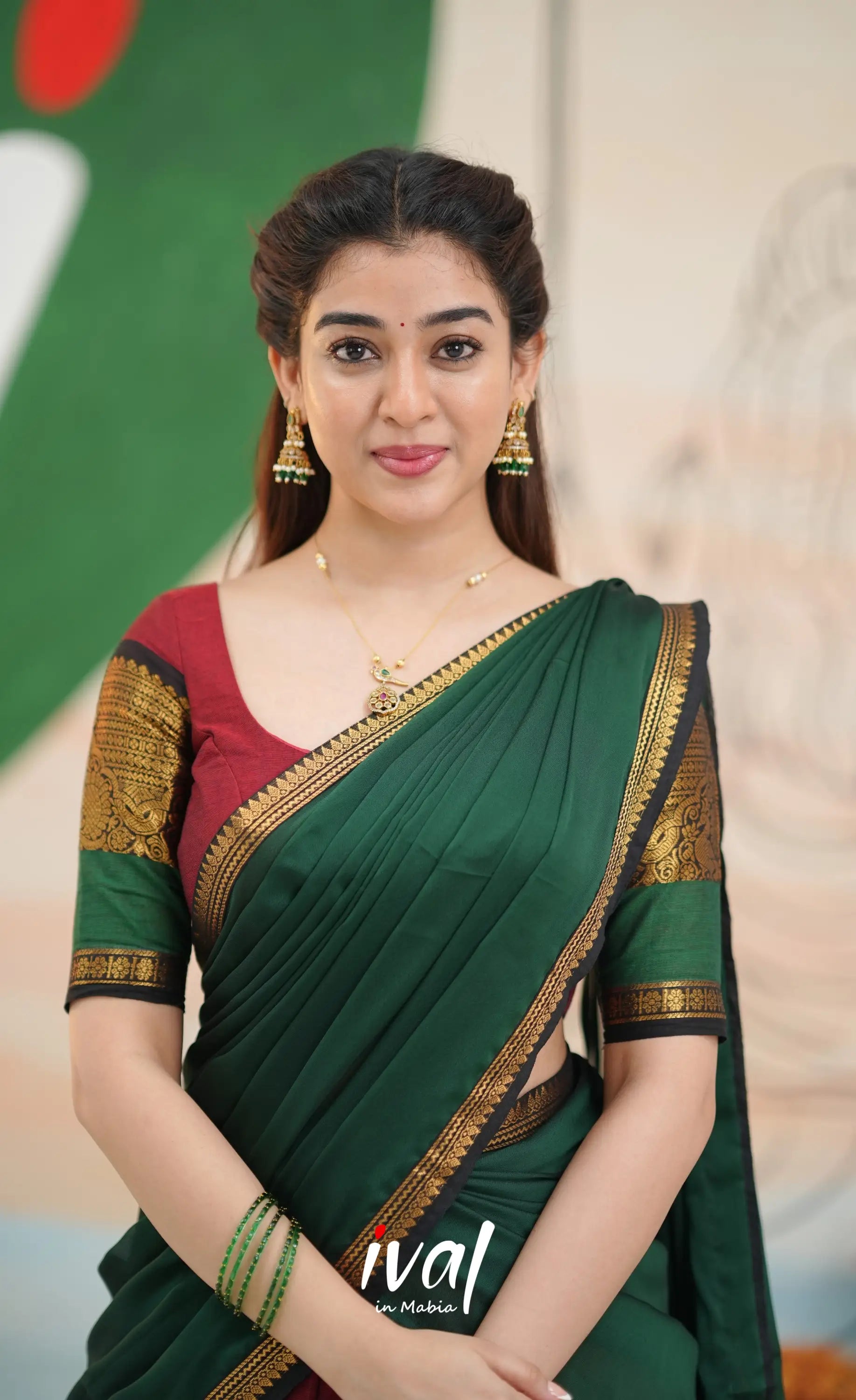 Padmaja Cotton Half Saree - Reddish maroon and Bottle green - Half Sarees
