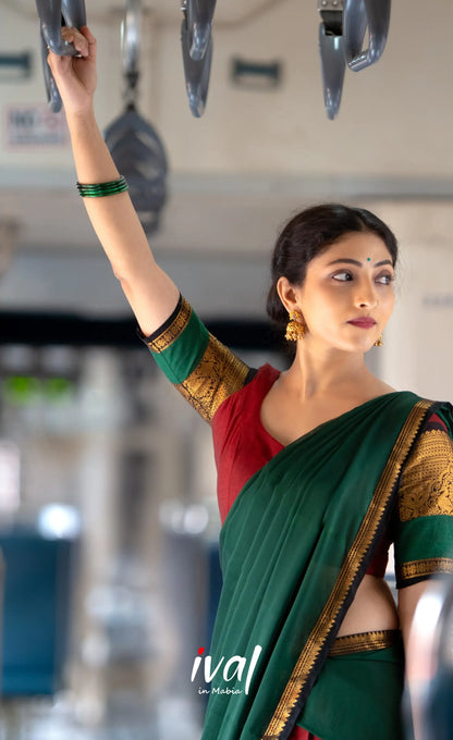 Padmaja Cotton Half Saree - Reddish maroon and Bottle green - Half Sarees